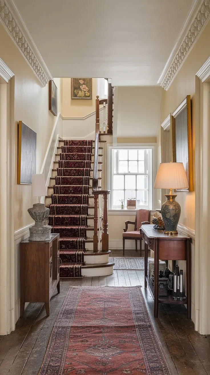 Step back in time as you ascend this elegant Victorian staircase, the warm glow of the lamp illuminating the intricate molding and antique charm of the hallway. A sense of history whispers from the walls, each painting and piece of furniture telling a story. A perfect blend of classic elegance and inviting warmth.