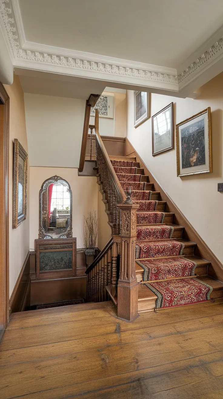 Lost in the grandeur of this Victorian terrace, the sunlight dances across the polished wooden floors, illuminating the meticulously carved staircase and the captivating reflections in the antique mirror. A glimpse into the refined lifestyle of a era, captured in every detail.