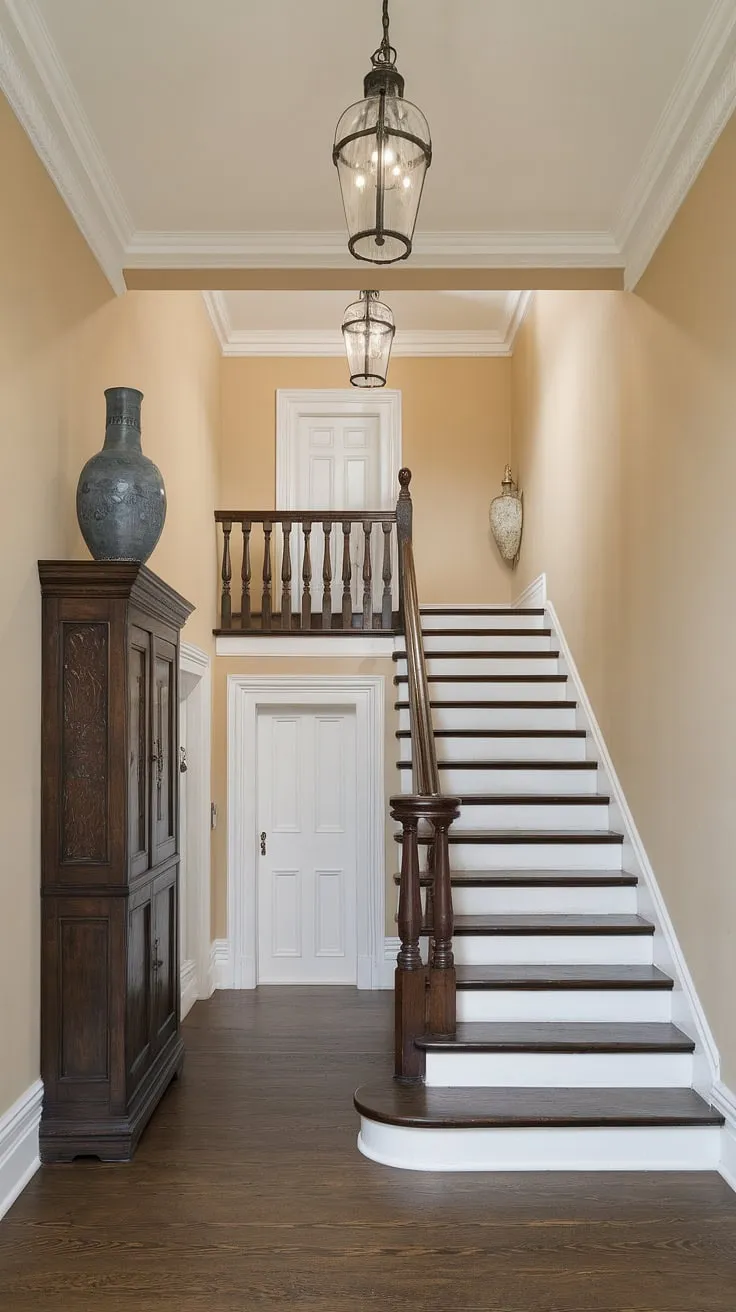 Step back in time within this exquisitely preserved Victorian terrace. The rich tones of the dark wood flooring and staircase contrast beautifully with the calming beige walls, creating a haven of understated luxury. A glimpse into a world of refined taste and timeless beauty.