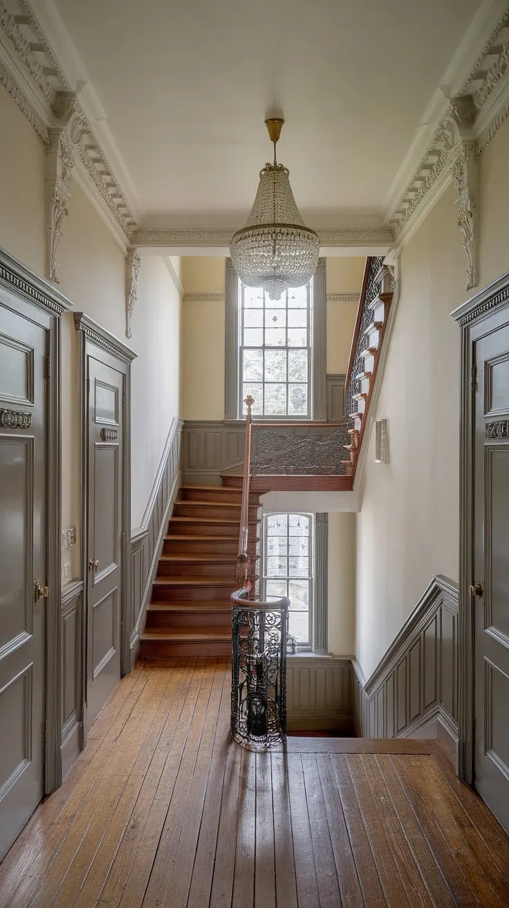 Step back in time and wander through this elegant Victorian hallway, where ornate moldings and a grand staircase whisper tales of bygone eras. The sunlight streaming through the upper window illuminates the rich wood and wrought-iron details, creating an atmosphere of timeless charm. A perfect setting for a captivating story, or simply a moment of quiet contemplation.