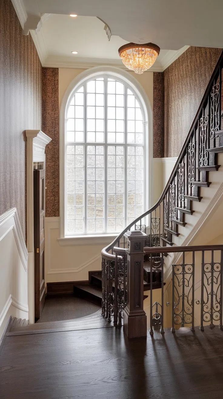 This Victorian terrace hallway, with its ornate walls and sweeping staircase, is a breathtaking example of period design. The play of light and shadow, enhanced by the arched window, creates an atmosphere of both intimacy and grandeur. A truly captivating space, full of history and charm.