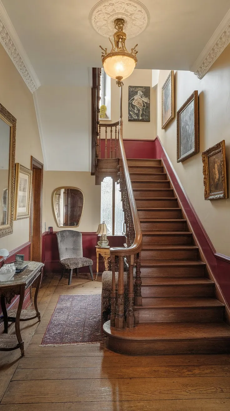 The rich wood of the staircase, polished to a gleaming perfection, draws the eye upward. A carefully curated collection of paintings and a stately mirror adorn the walls, reflecting the warm light and creating a sense of depth and intimacy. This Victorian hallway, with its charming furniture and carefully chosen details, is a captivating glimpse into a bygone era, a testament to enduring style and grace.