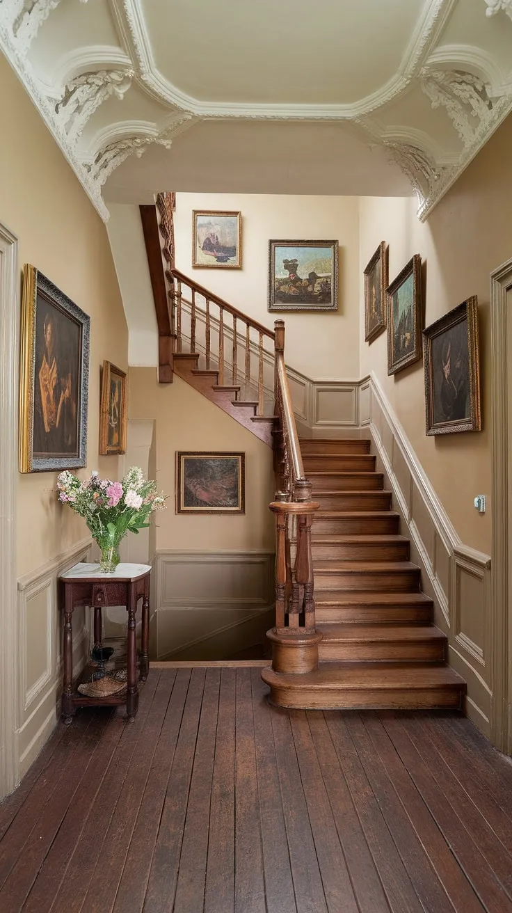 Stepping into this Victorian hallway is like stepping back in time; the ornate ceiling, the dark wood floors, and the charming collection of paintings on the walls create an atmosphere of quiet elegance. A vase of fresh flowers on the small table near the stairs adds a touch of life to this beautifully preserved space. A testament to a bygone era, this hallway whispers stories of generations past.
