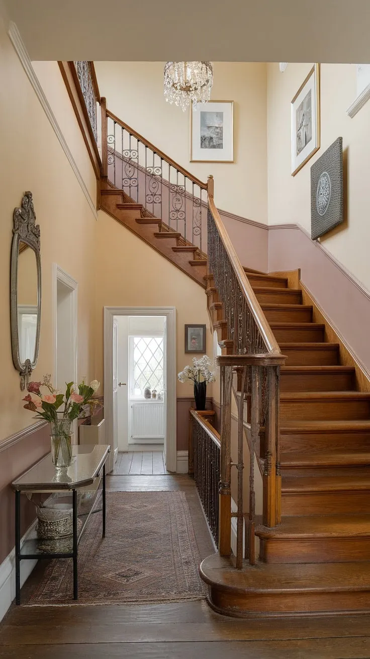 This Victorian terrace hallway is a study in understated luxury. The gentle curve of the staircase, the delicate chandelier, and the carefully chosen decorative pieces-a vase of flowers, a gleaming mirror-all contribute to an atmosphere of refined comfort. A truly captivating space, brimming with character and inviting warmth. A place to pause, reflect, and appreciate the beauty of detail.