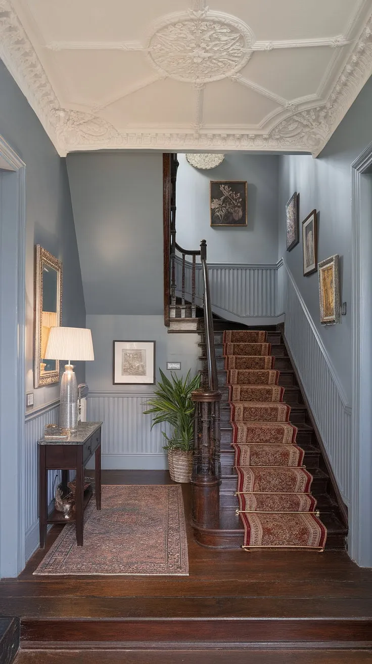Step into a world of timeless elegance, where the soft gray walls whisper stories of bygone eras and the ornate plasterwork of the ceiling speaks of grandeur. A dark wood staircase, a plush rug, and subtle decorative touches create an atmosphere of refined comfort. A perfect blend of classic design and modern serenity.