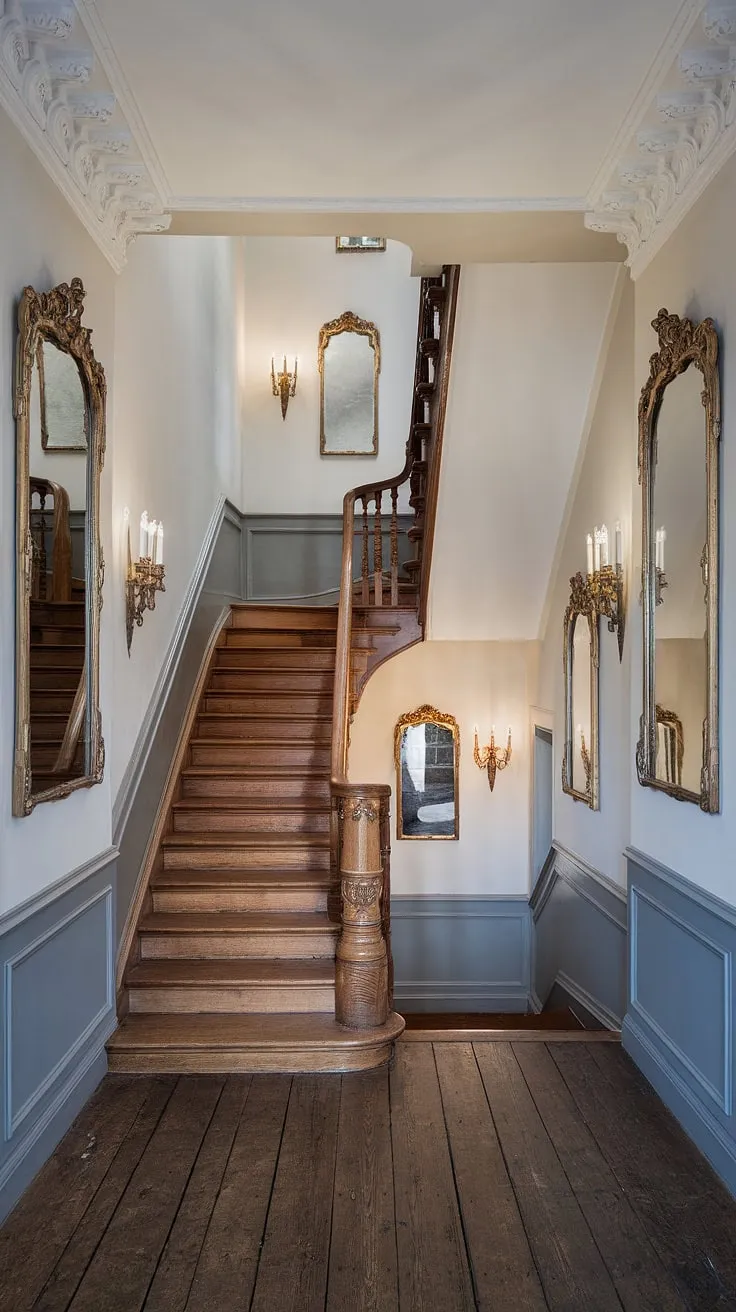 Lost in the grandeur of this Victorian hallway, the ornate mirrors reflecting the sunlight streaming through the high, decorative ceiling. A timeless elegance whispers from every gilded frame and polished wood plank, a testament to a bygone era. A breathtaking journey through history awaits.