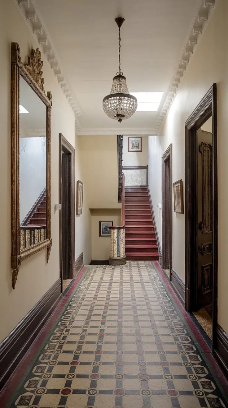 Lost in the labyrinthine charm of a Victorian hallway. The play of light on the checkered floor, the gleam of the gilded mirror, and the promise of discovery around each door create an atmosphere of timeless a allure.