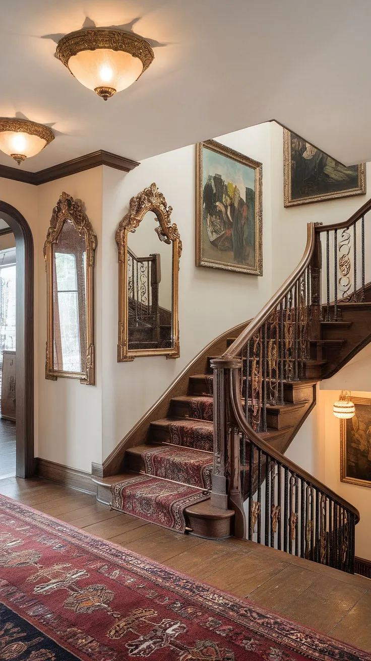 Step back in time as you ascend this grand Victorian staircase, the ornate mirrors and gilded frames reflecting the warmth of the era. A testament to bygone elegance, every detail whispers tales of a life lived in opulent comfort. A truly captivating scene, frozen in time.