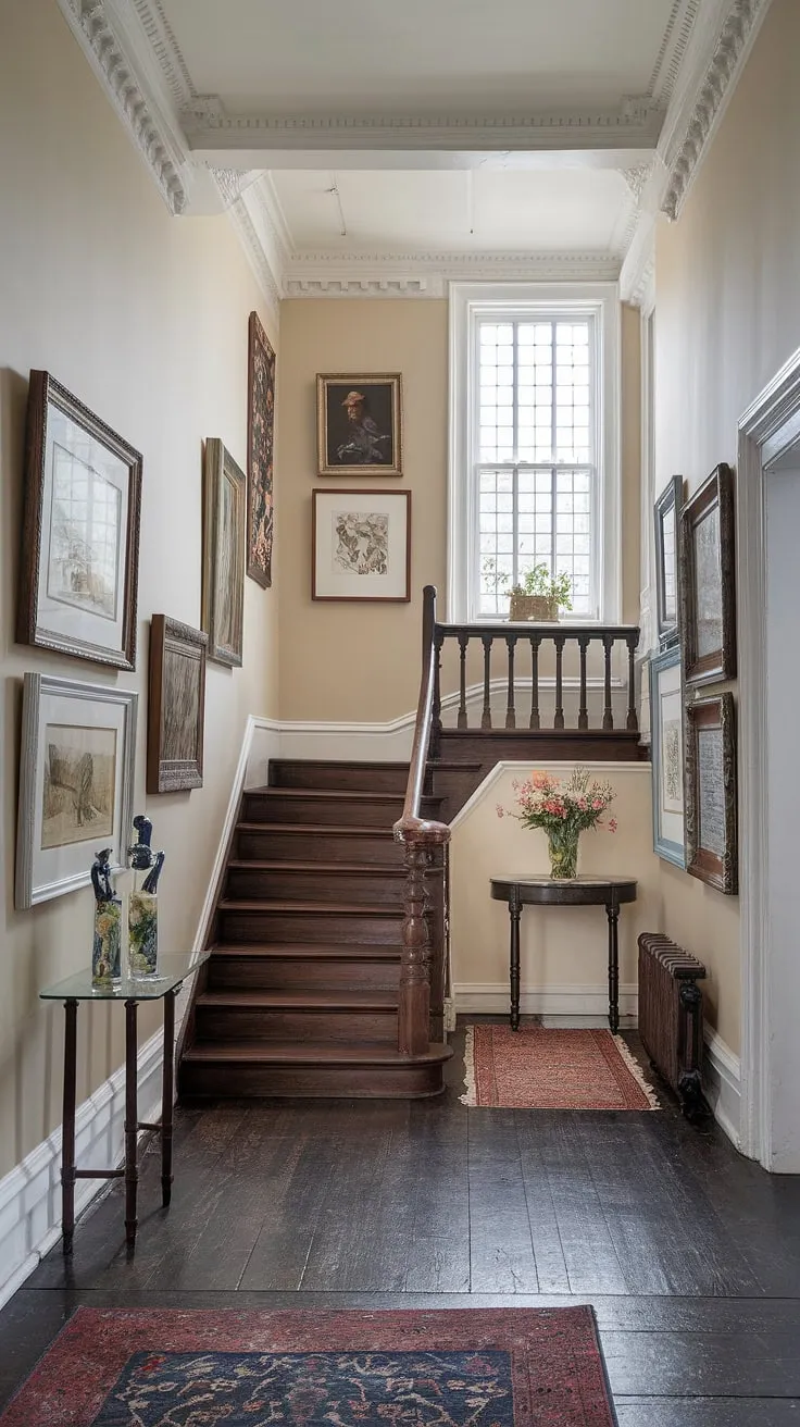 Sunlight streams through the landing window of this magnificent Victorian terrace, illuminating the rich textures of the dark wood staircase and floors. Framed artworks adorn the walls, their stories echoing through the high-ceilinged hallway, a quiet elegance enhanced by the simple beauty of flowers in a vase near the stairs. A timeless scene of refined domesticity.