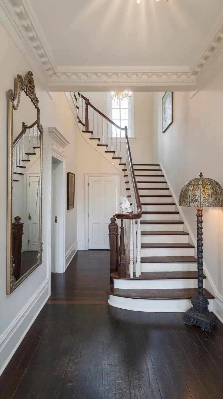 This Victorian hallway whispers tales of bygone eras. The meticulously carved staircase ascends to a landing bathed in the light of a stunning chandelier. A large mirror, reflecting the hallway's elegant proportions, and a decorative lamp contribute to the overall sense of refined charm. A truly captivating space, brimming with character and history.