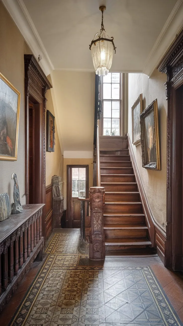 Step into a world of timeless elegance, where the intricate carvings of this Victorian hallway whisper tales of bygone eras. The grandeur of the architecture, from the ornate banister to the shimmering chandelier, is a testament to a refined past. A captivating journey awaits.