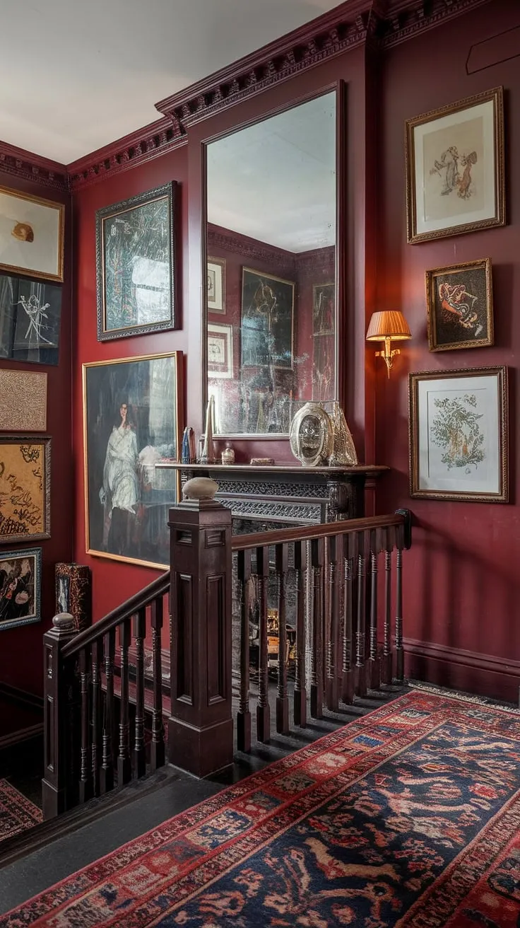 A symphony of crimson and dark wood unfolds in this Victorian hallway. Framed artworks adorn the walls, their stories reflected in the large mirror above the fireplace. The patterned rug softens the footsteps on the journey up the elegant staircase, a journey illuminated by the soft glow of a single lamp, inviting exploration of the secrets held within this captivating home.