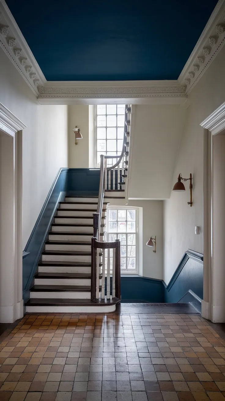 The deep blue ceiling and intricate molding whisper tales of Victorian elegance in this terraced hallway. Sunlight streams through the landing window, illuminating the checkered floor and highlighting the dark wood banister of the grand staircase. A sense of timeless grandeur pervades the space.