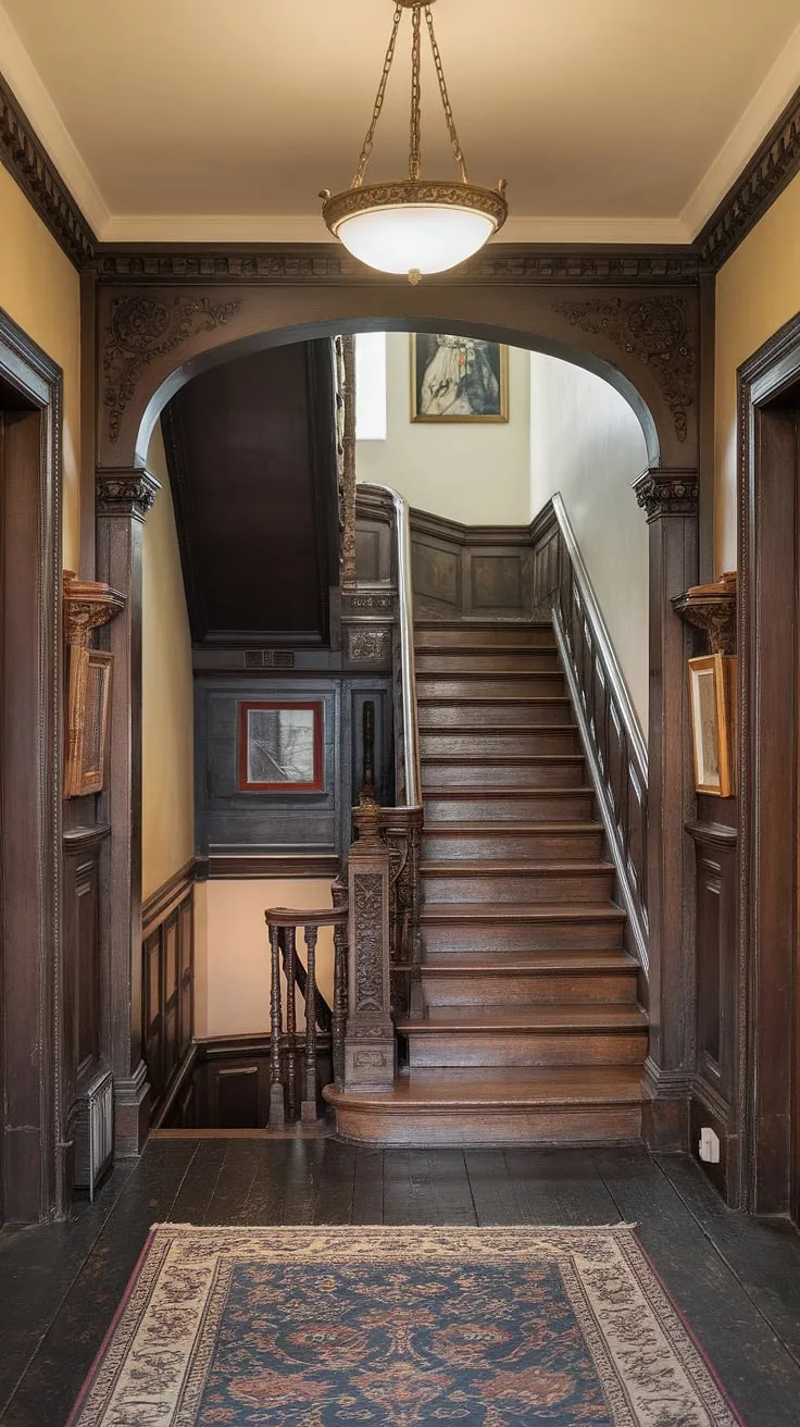 The dark wood gleams under the soft light of the chandelier, its intricate carvings mirrored in the staircase's elegant ascent. A glimpse into a world of refined taste and meticulous craftsmanship, this hallway is a captivating scene, a perfect blend of artistry and history. A truly breathtaking space, a timeless beauty, a moment frozen in time.