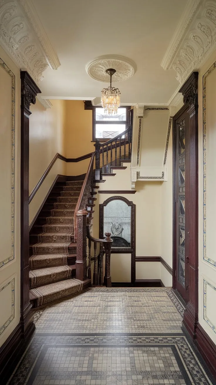 A captivating glimpse into a Victorian dream. The meticulously crafted details, from the patterned floor to the elegant staircase and the shimmering chandelier, create an atmosphere of refined luxury. A truly stunning space, showcasing the artistry and opulence of a bygone era, and a perfect example of preserved architectural heritage.