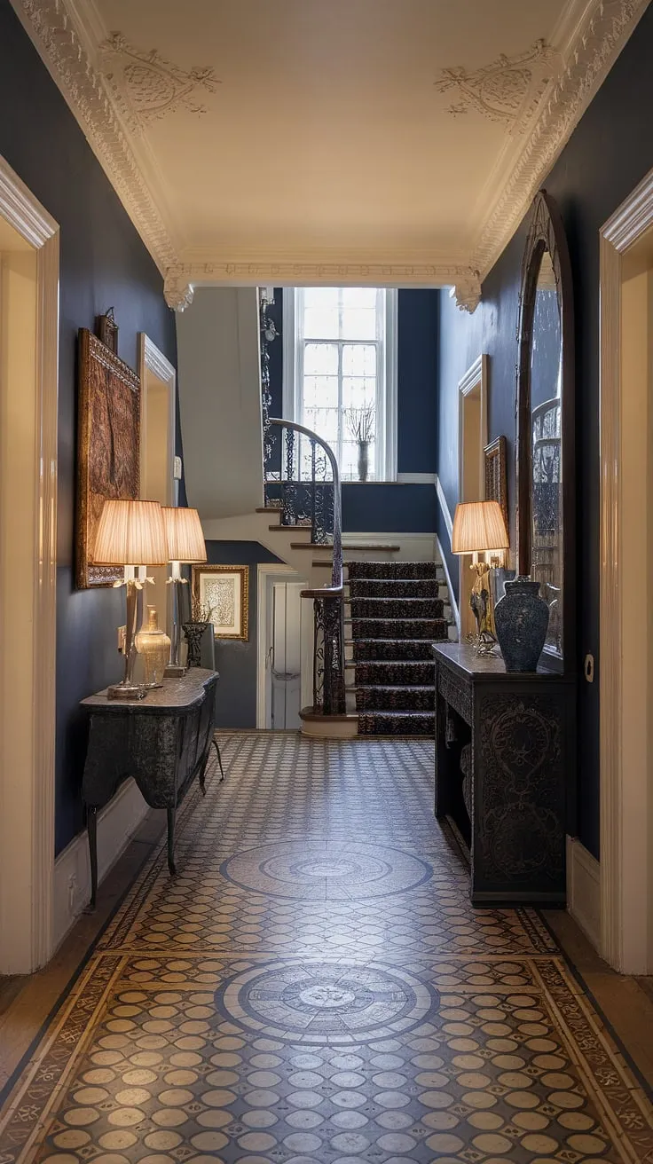 Step into a world of Victorian elegance, where intricate details and a captivating deep blue hue create an atmosphere of timeless grandeur. The circular floor design, ornate staircase, and carefully chosen accents-a testament to the era's refined aesthetic-invite you to explore the secrets held within this stunning hallway.
