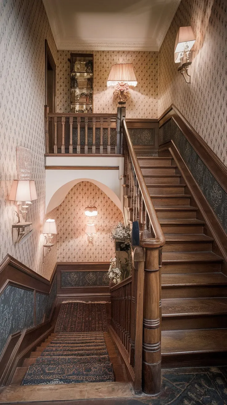 Step back in time and wander through this exquisitely preserved Victorian hallway. The rich textures, from the patterned wallpaper to the dark wood staircase, create an atmosphere of timeless elegance. A sense of history hangs in the air, whispering tales of generations past. A truly captivating space.