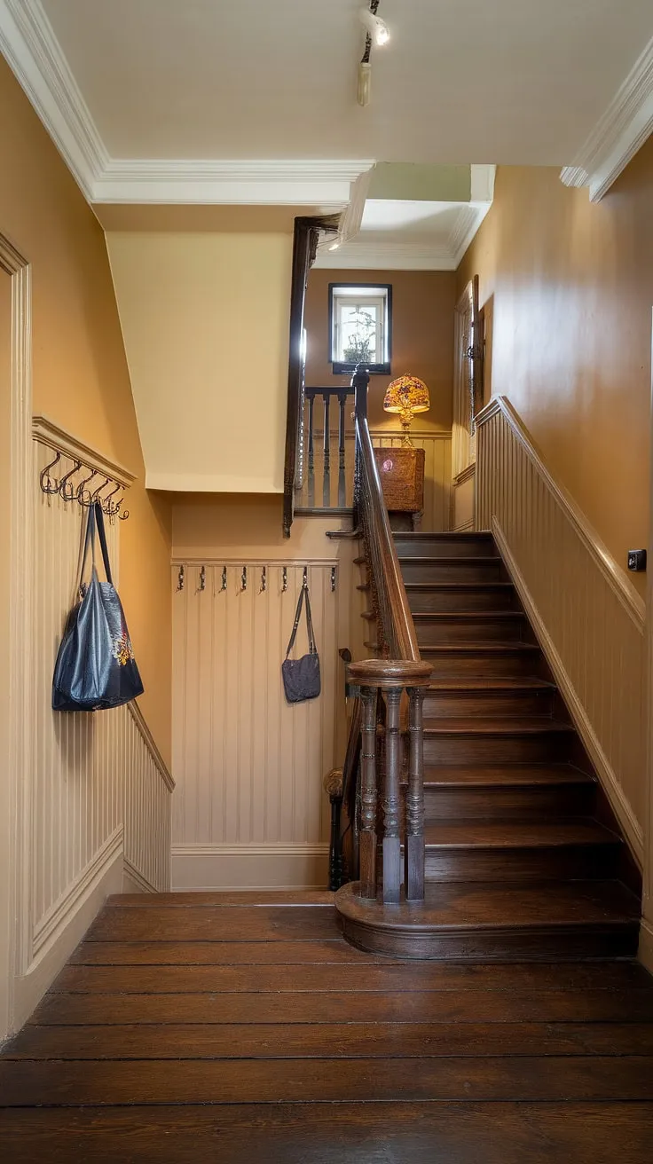 This hallway whispers stories of generations past. The rich textures of the dark wood floors and staircase, combined with the soft beige walls and practical coat hooks, tell a tale of timeless elegance and comfortable living. A perfect blend of history and home.