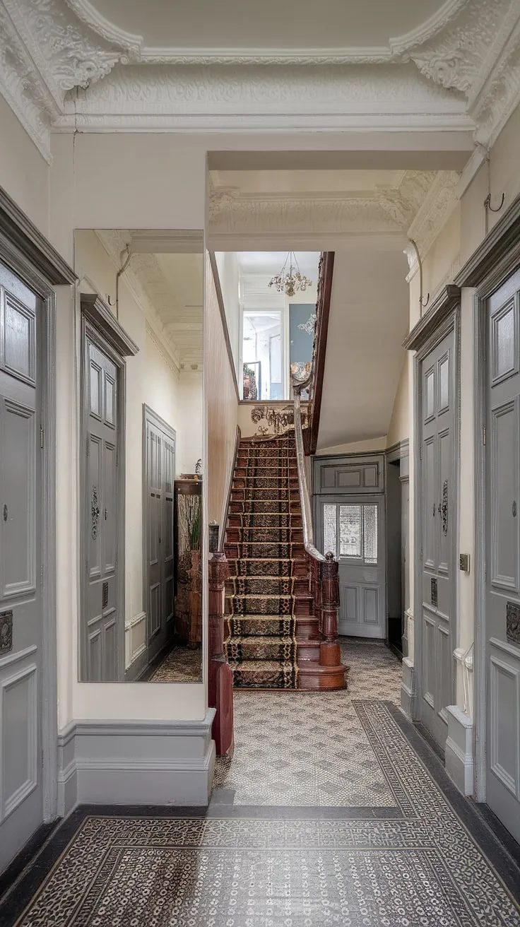 Step back in time and lose yourself in the elegant grandeur of this Victorian terrace. The intricate detailing, from the patterned floor to the ornate staircase reflected in the grand mirror, whispers tales of bygone eras. A testament to craftsmanship, a sanctuary of timeless beauty, and a captivating glimpse into a world of refined living. A truly breathtaking space.