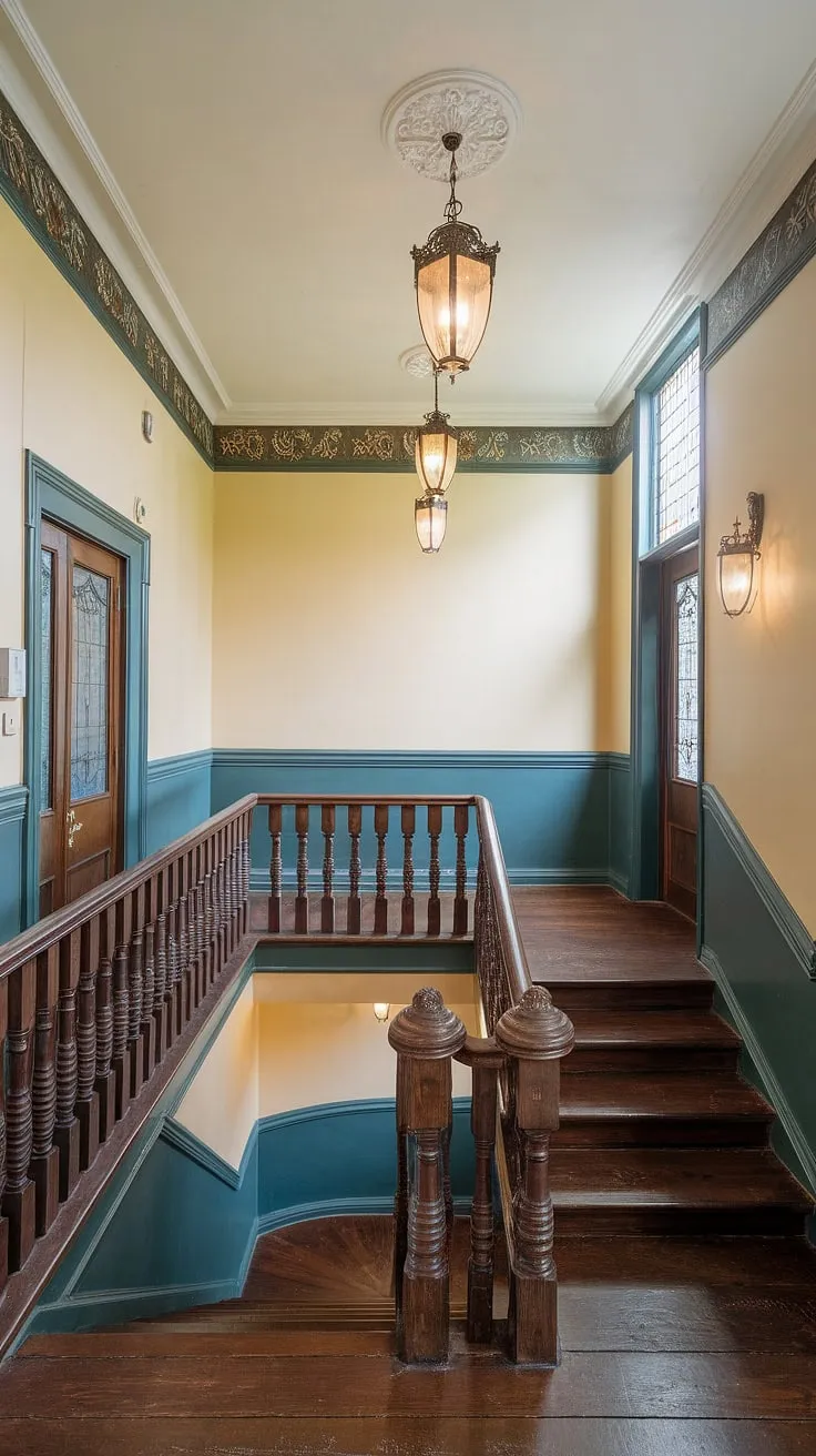Step back in time as you ascend this grand Victorian staircase, its dark wood gleaming under the soft glow of ornate light fixtures. The cream walls, accented with a deep green border and intricate detailing, whisper tales of elegance and bygone eras. A stained-glass window adds a touch of vibrant colour, hinting at the treasures held within this beautiful home. A sense of history permeates every detail.