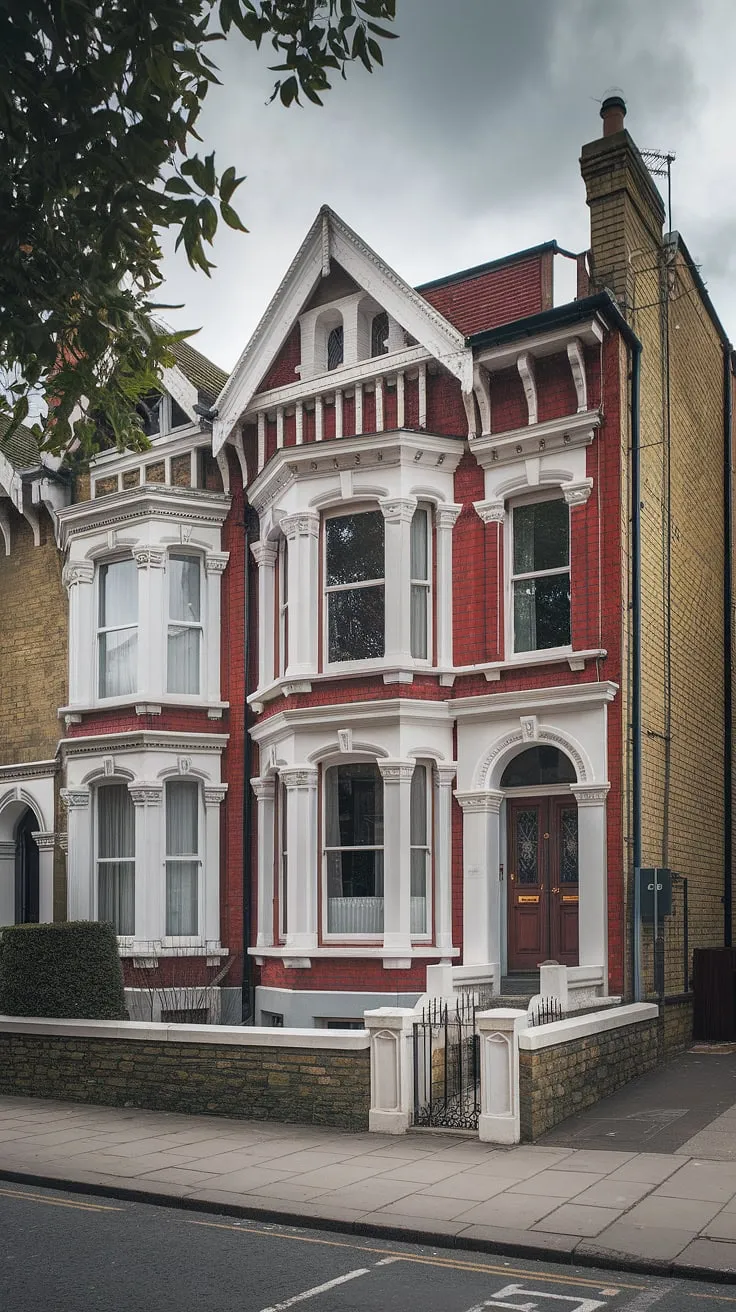 A classic London Victorian terrace house, its red brick and white trim gleaming under a cloudy sky, stands proudly behind a stone wall.