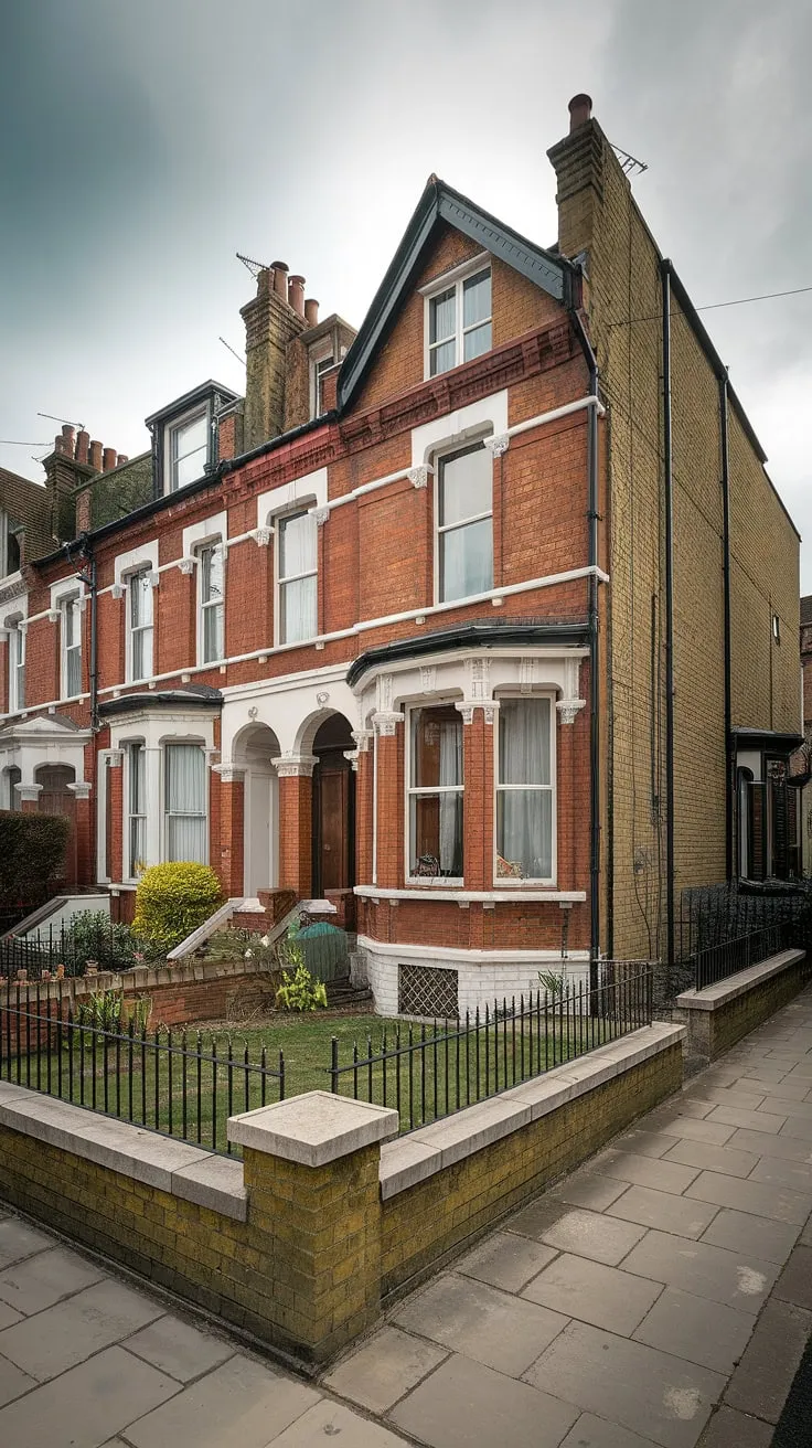 Overcast skies loom over a row of classic red-brick Victorian London terrace houses