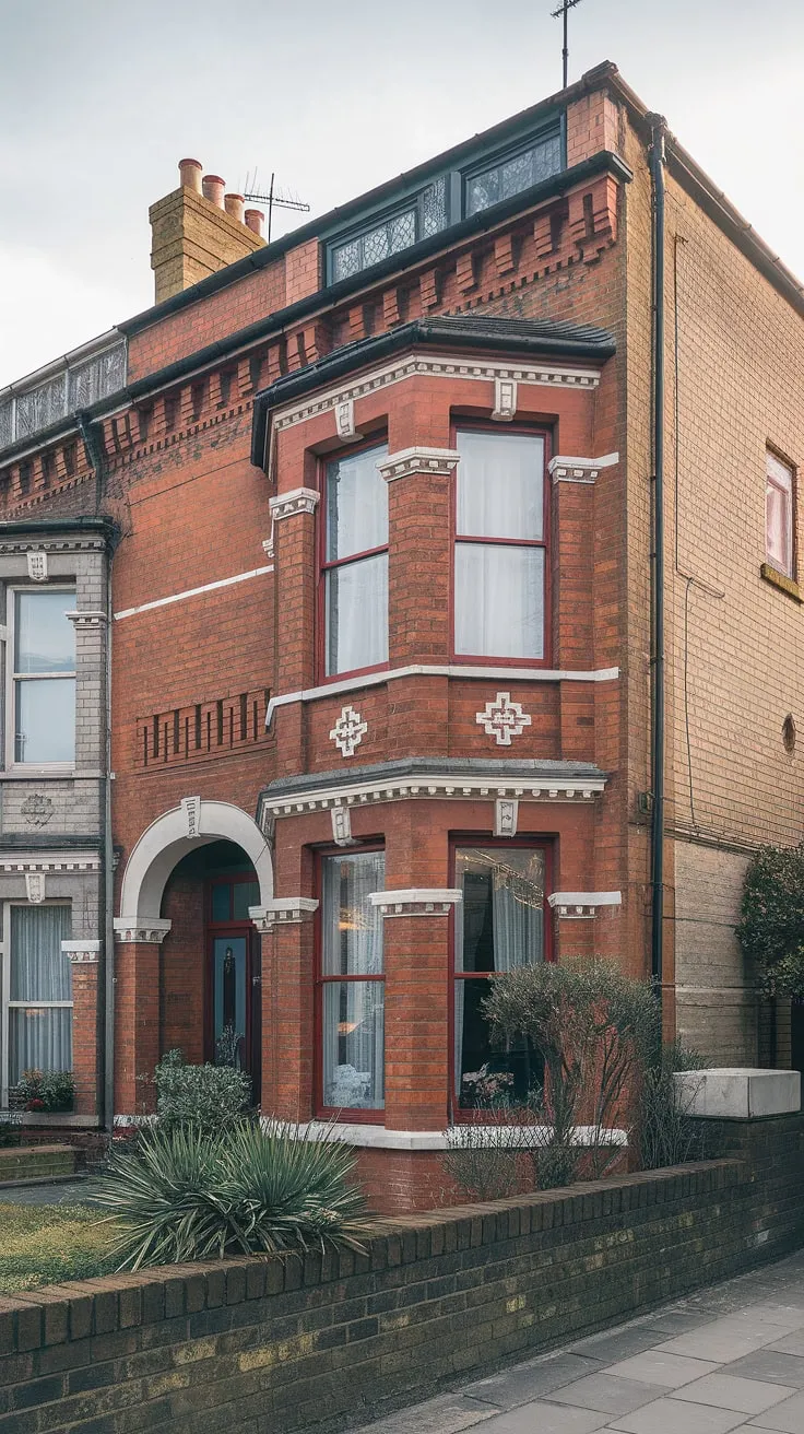 A London red-brick Victorian terrace house boasts detailed facade and a small, verdant garden.