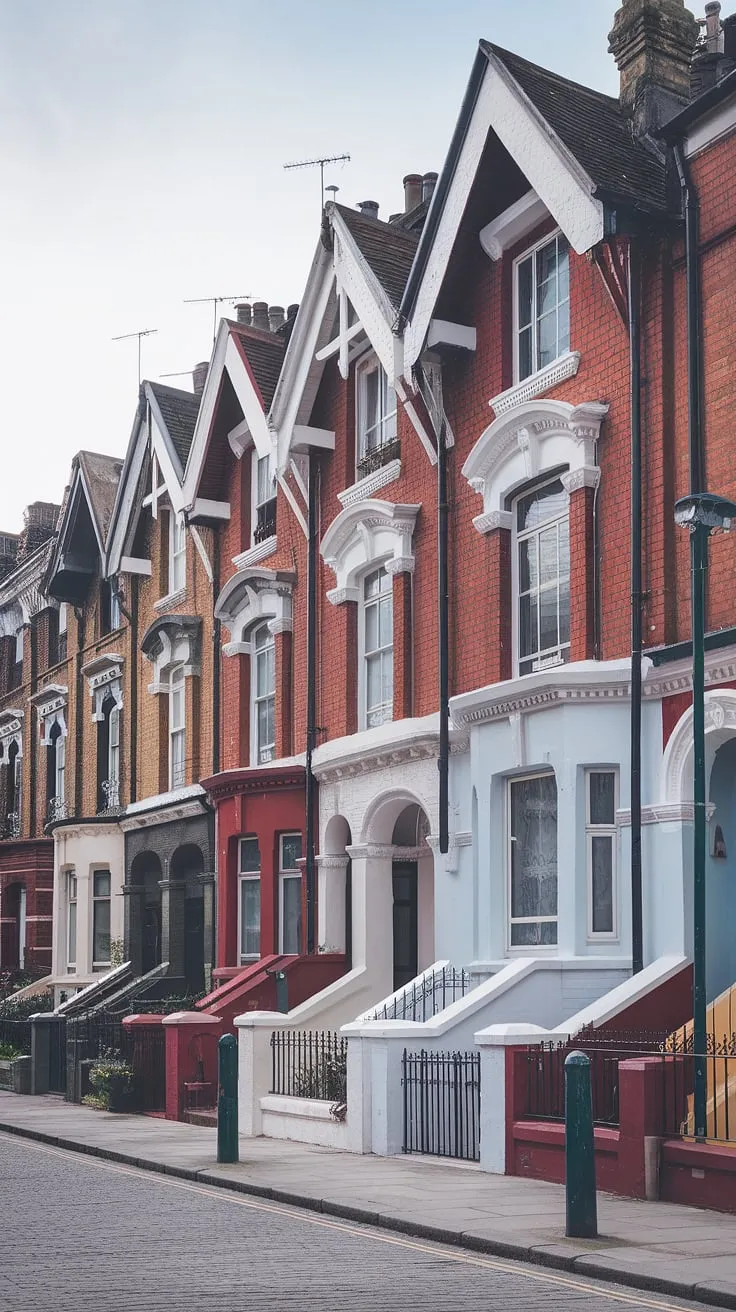 London's charming Victorian architecture is showcased in a row of colorful terraced houses with intricate detailing.