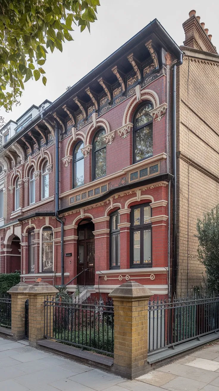 A London terrace house's ornate Victorian facade is captured in a striking photograph.