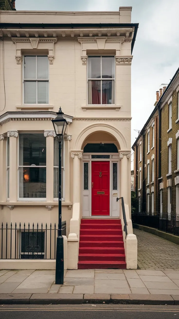 A charming cream-colored Victorian terrace house in London, accented with arches and columns, stands proudly on a cobblestone street.