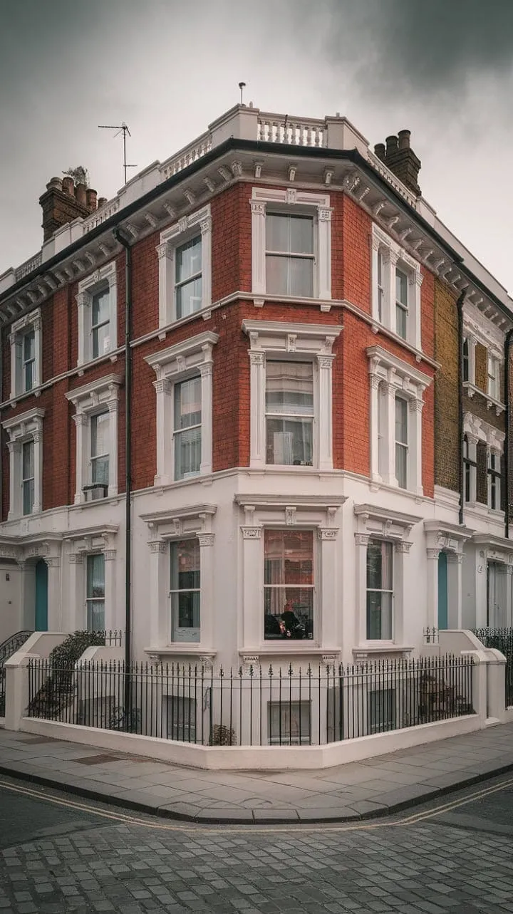 This charming Victorian terrace in London, adorned with vibrant red brick and white accents, beautifully encapsulates the city's rich history while inviting curiosity about the stories held within its many windows.