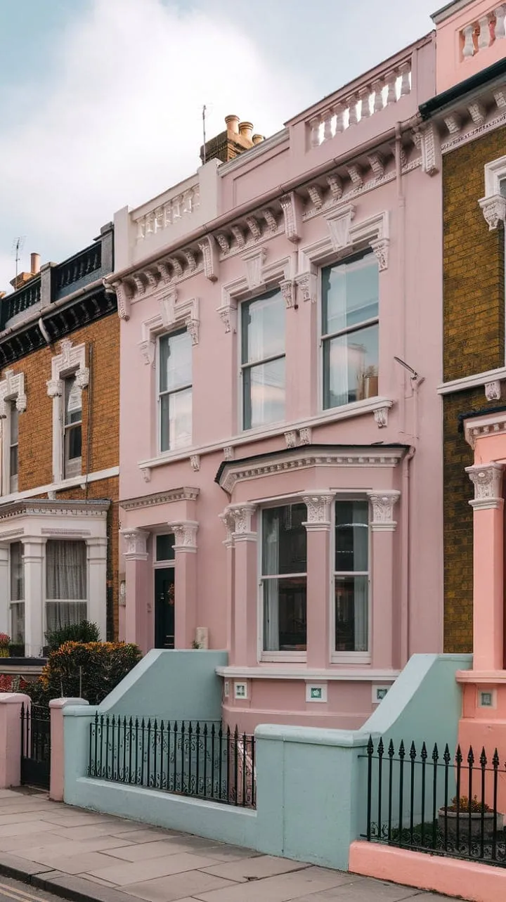 This pastel-hued Victorian terrace in London captures the enchanting essence of classic English charm.