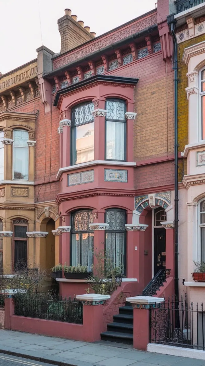 This Victorian terrace in London showcases the city's historical charm and timeless elegance through its intricate red brick and wrought iron details.
