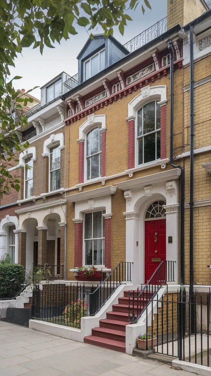 A charming Victorian terrace in London, with its striking red door and lush potted plants, seamlessly blends historical echoes with contemporary vibrancy.