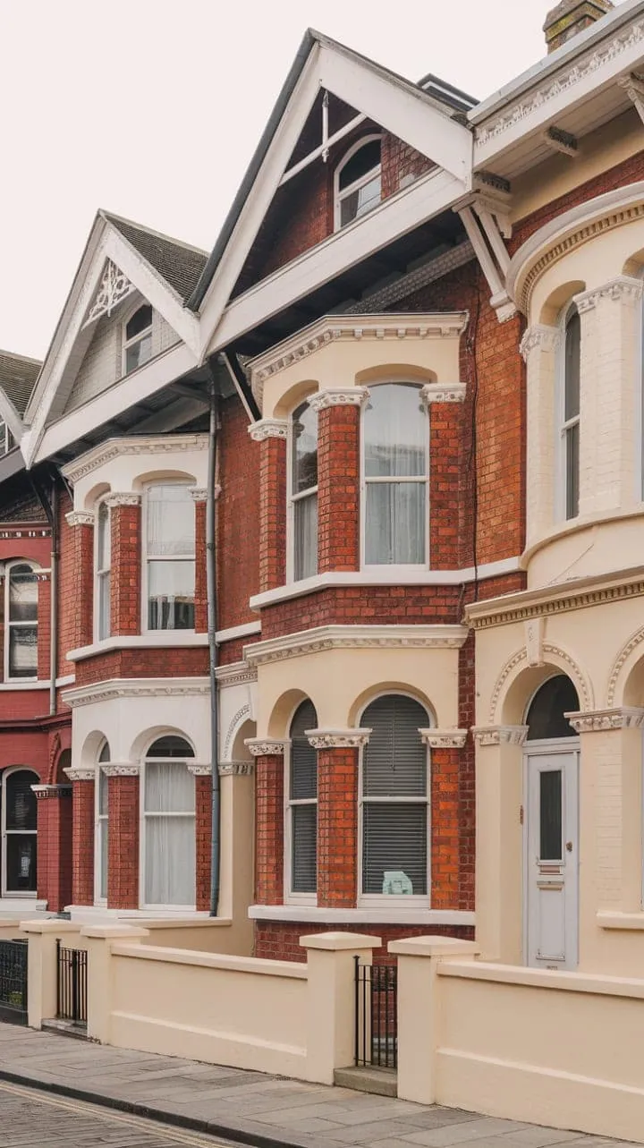 Victorian elegance flourishes in cream facades and red brick accents, where arched doorways and pristine stone streets whisper tales of a beautifully crafted past.
