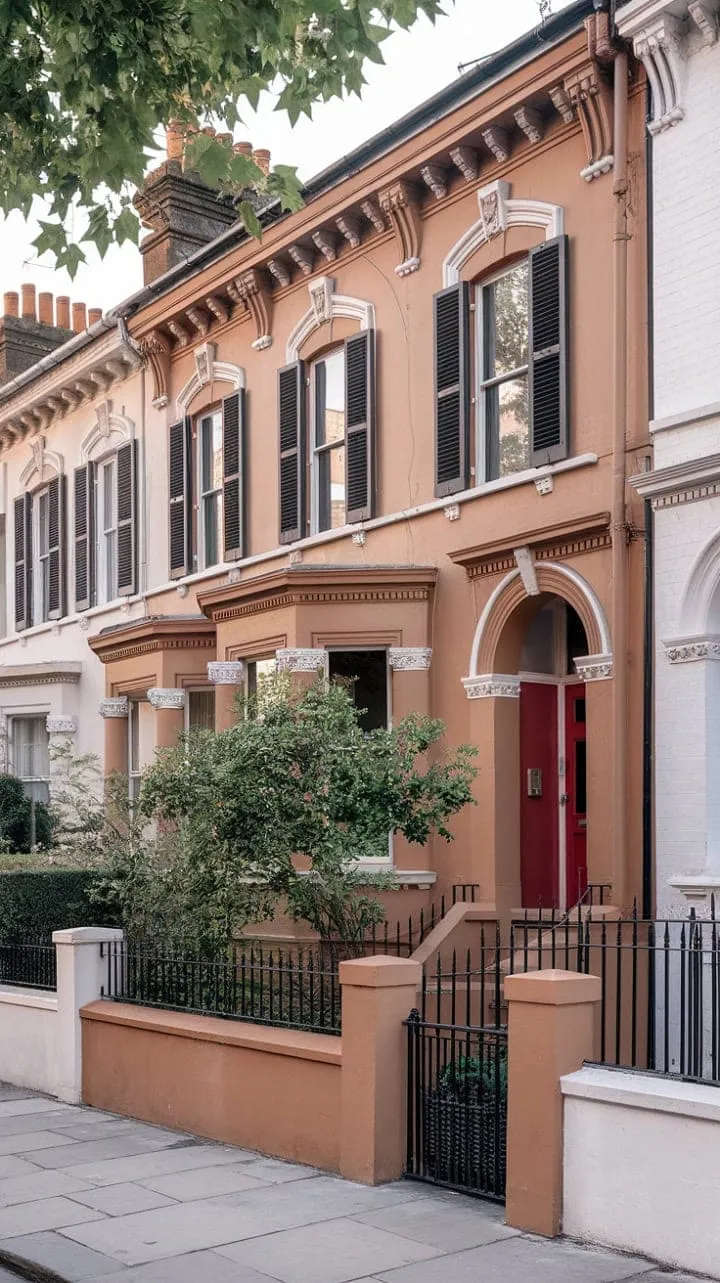 A breathtaking Victorian terrace in London radiates charm with its exquisite brickwork and vibrant greenery, embodying the city's architectural splendor.