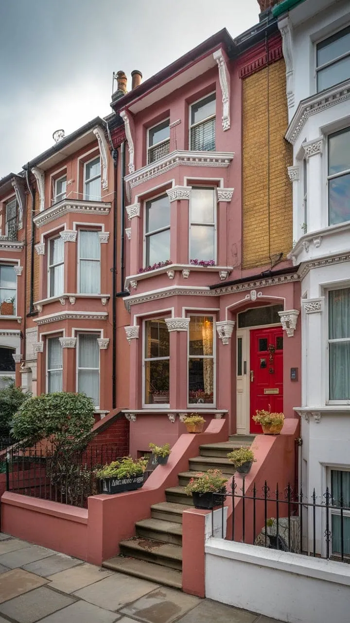 This Victorian terrace house in London artfully fuses classic charm with contemporary flair, highlighted by a striking red door and lively floral accents.