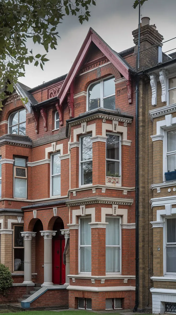 Elegant Victorian architecture in London, showcased by a red-brick terraced house with ornate detailing and verdant surroundings.