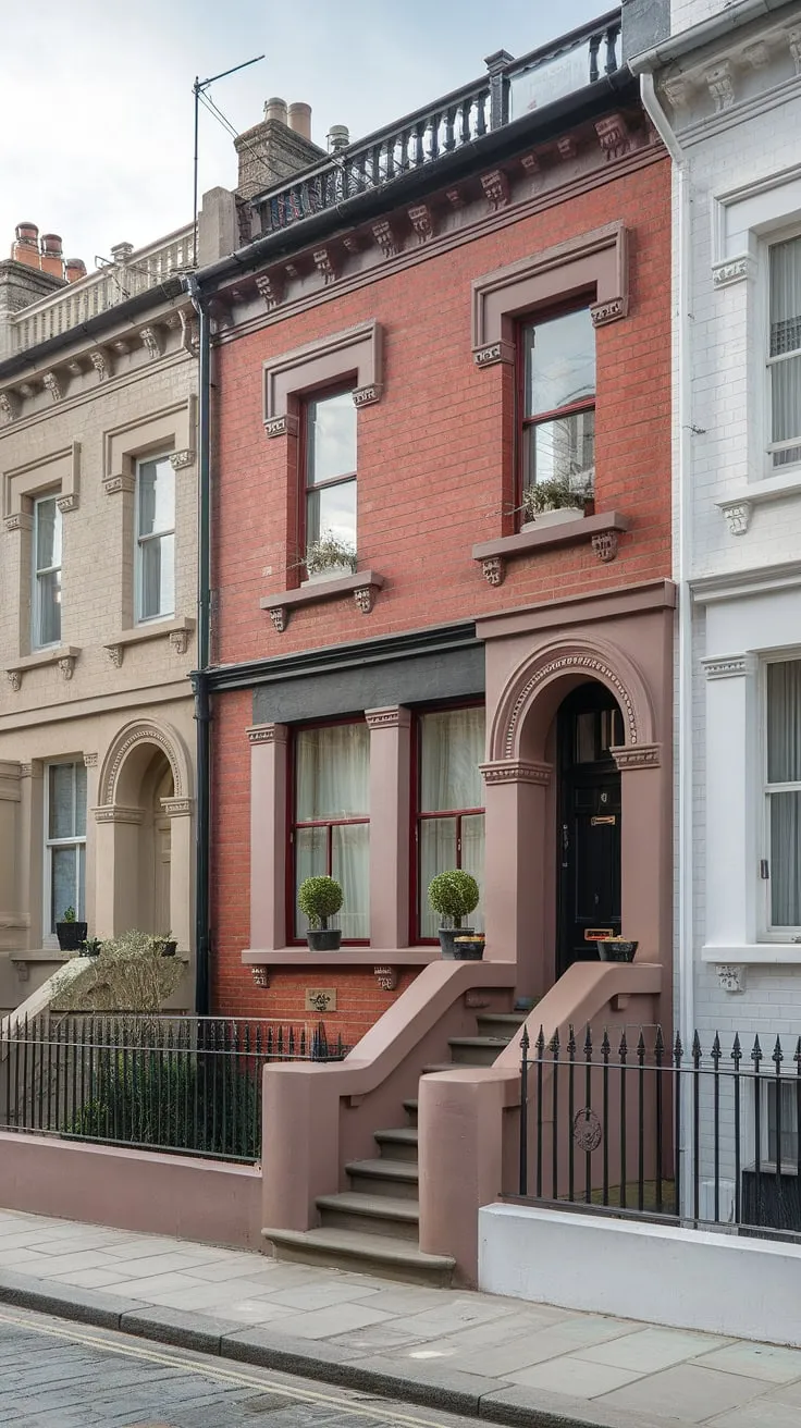Elegant Victorian London architecture is captured in a photo showcasing a red-brick terrace house with ornate detailing and charming cobblestone streets
