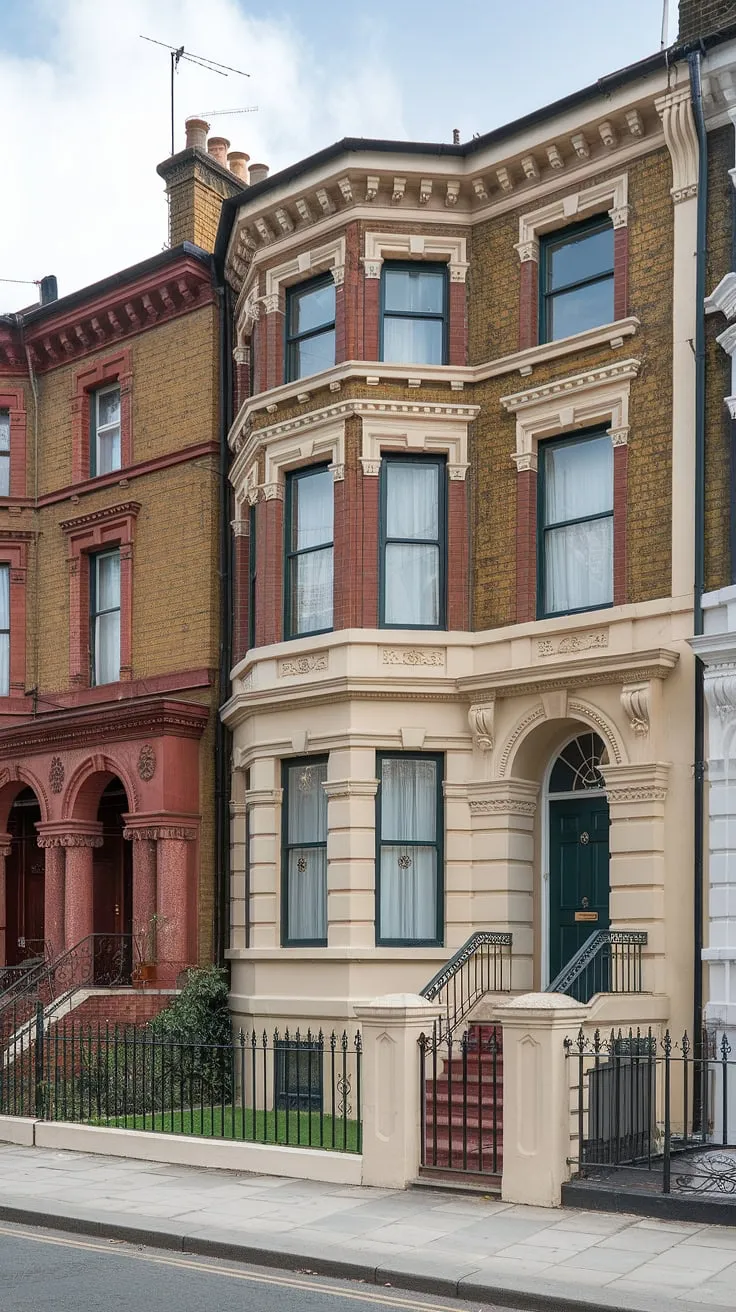 A charming cream-colored Victorian terraced house in London boasts red brick detailing, elegant arches, and a small garden, all framed by dark green window frames and wrought iron railings.
