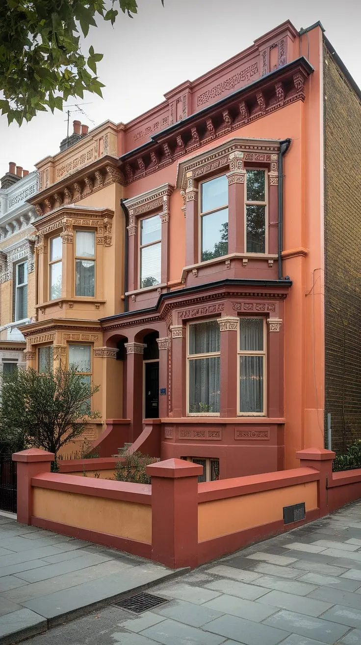 A charming London Victorian terrace house, painted warm orange and brown, boasts intricate detailing and a small garden, standing proudly amongst cobblestones and neighboring buildings.