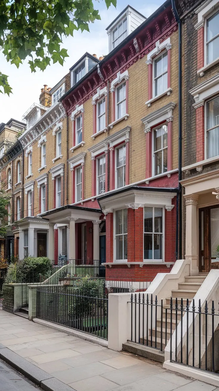 A pristine red-brick Victorian terrace house in London stands proudly among its neighbors, its well-kept facade and stone sidewalks hinting at a rich history.