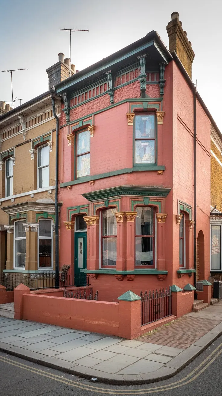 Elegant Victorian architecture in London, showcased by a warm orange terrace house with vibrant green accents and intricate detailing