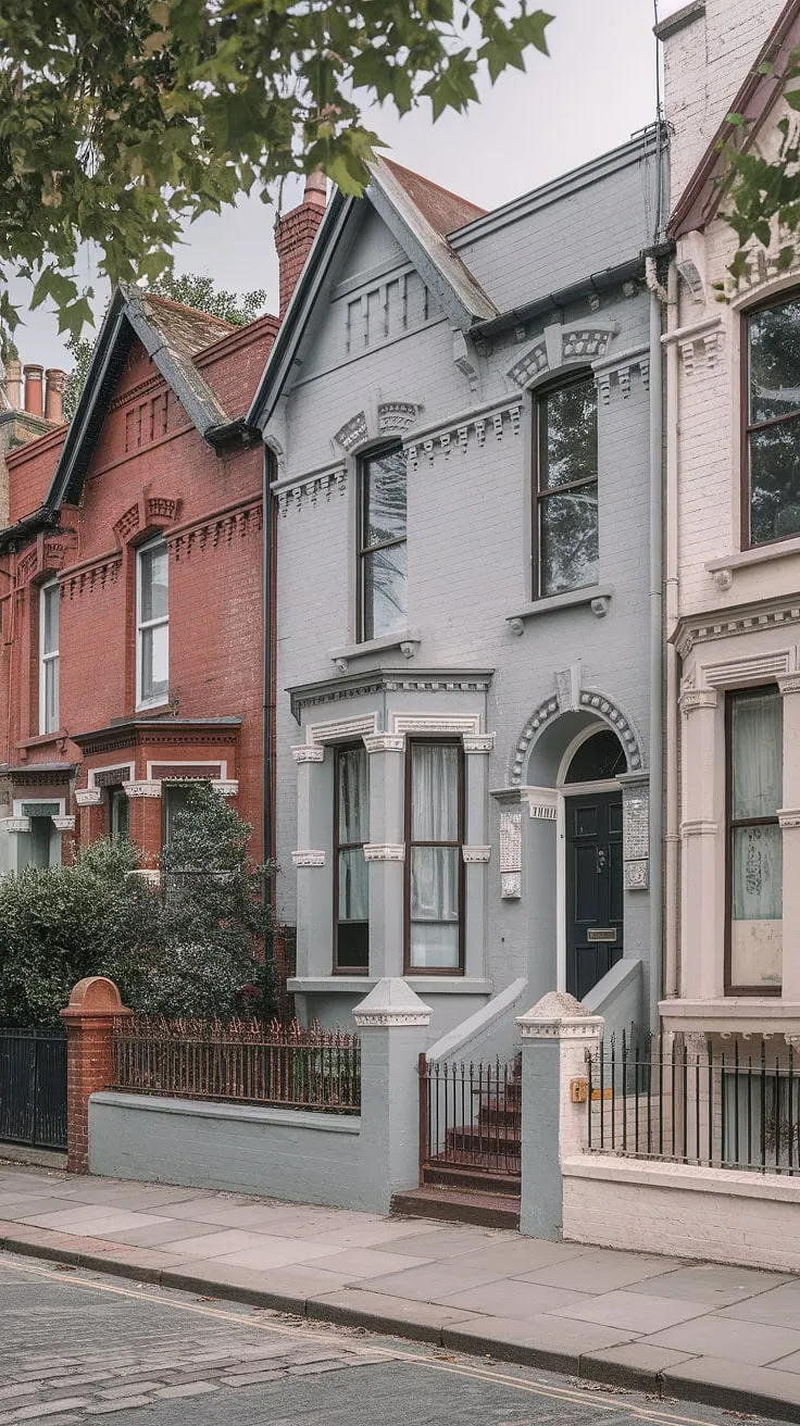 Weathered elegance defines this London Victorian terrace, its red brick and gray paint hinting at bygone grandeur