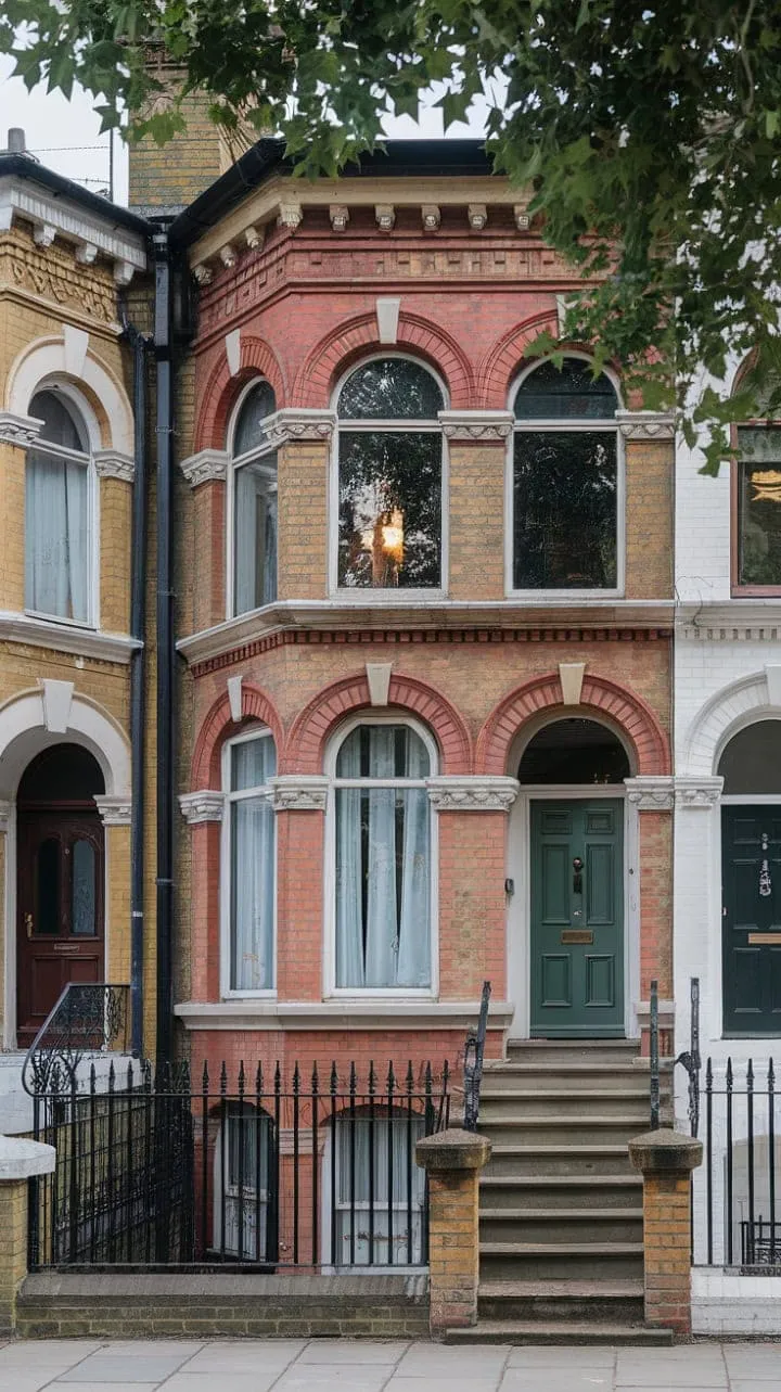 This charming Victorian terrace, featuring arched windows and a welcoming green door, embodies London's historical allure and timeless architectural beauty.