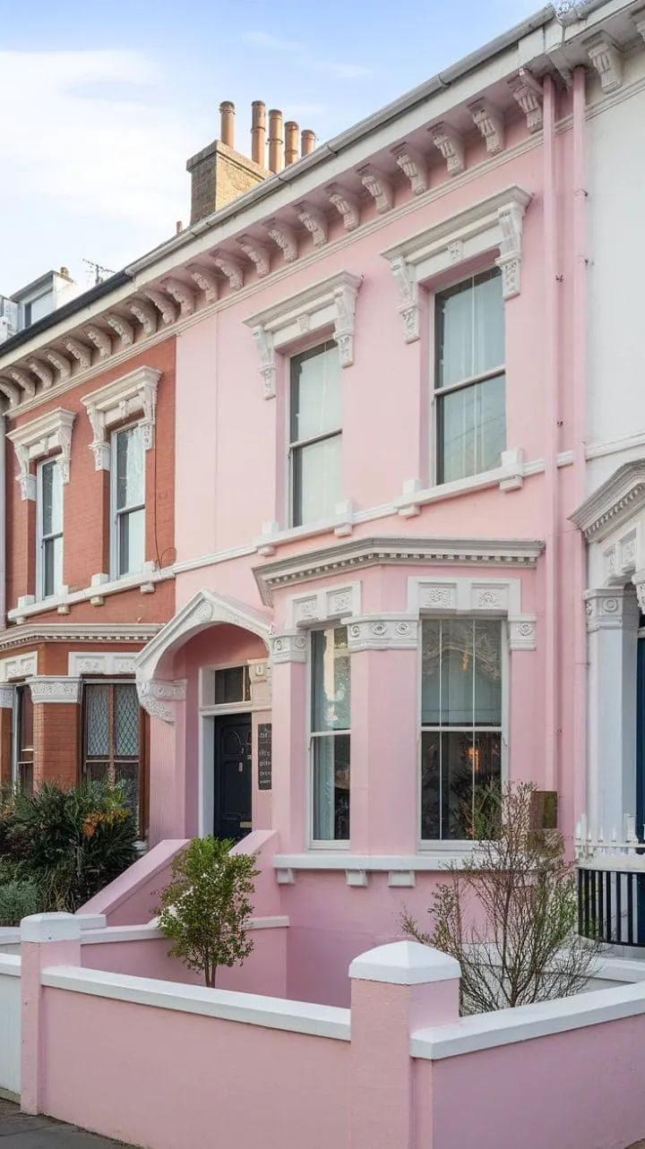 This charming Victorian terrace house in London, with its delicate pink facade and white accents, radiates timeless elegance and tranquility in a picturesque neighborhood.