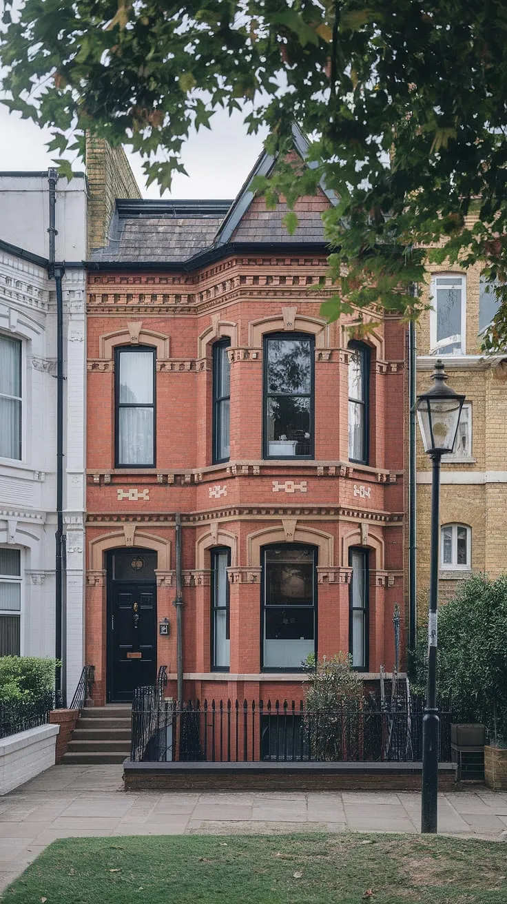 A charming red brick London terrace house stands proudly amidst greenery.