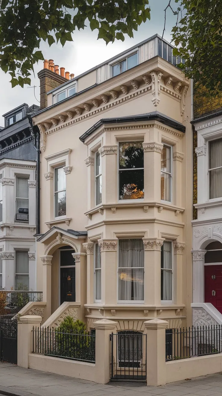 A charming London townhouse exemplifies Victorian elegance with its intricate architectural features.