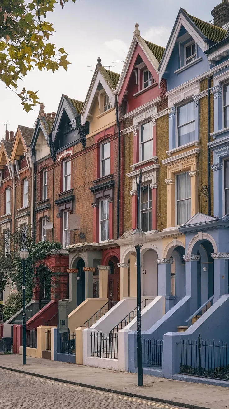 A row of charming, colorful Victorian houses in London showcases intricate architectural details and a lively street scene.