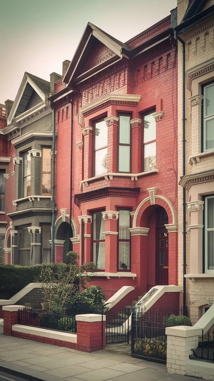 A meticulously maintained red-brick Victorian terrace house in London stands proudly, its arched details and small garden hinting at a bygone era.